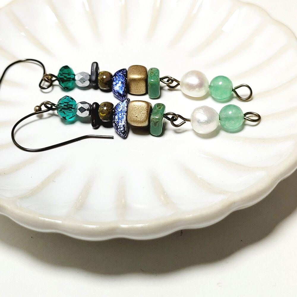 White Pearl gemstones Jade Antique Bronze Meaningful earrings Ocean 675■